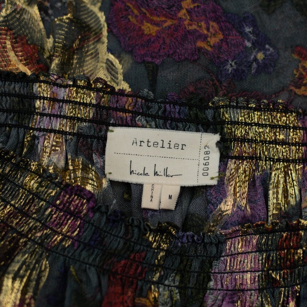 Nicole Miller Artelier M Silk Floral Boho Top Gold Metallic Off-Shoulder Blouse - Picture 9 of 11